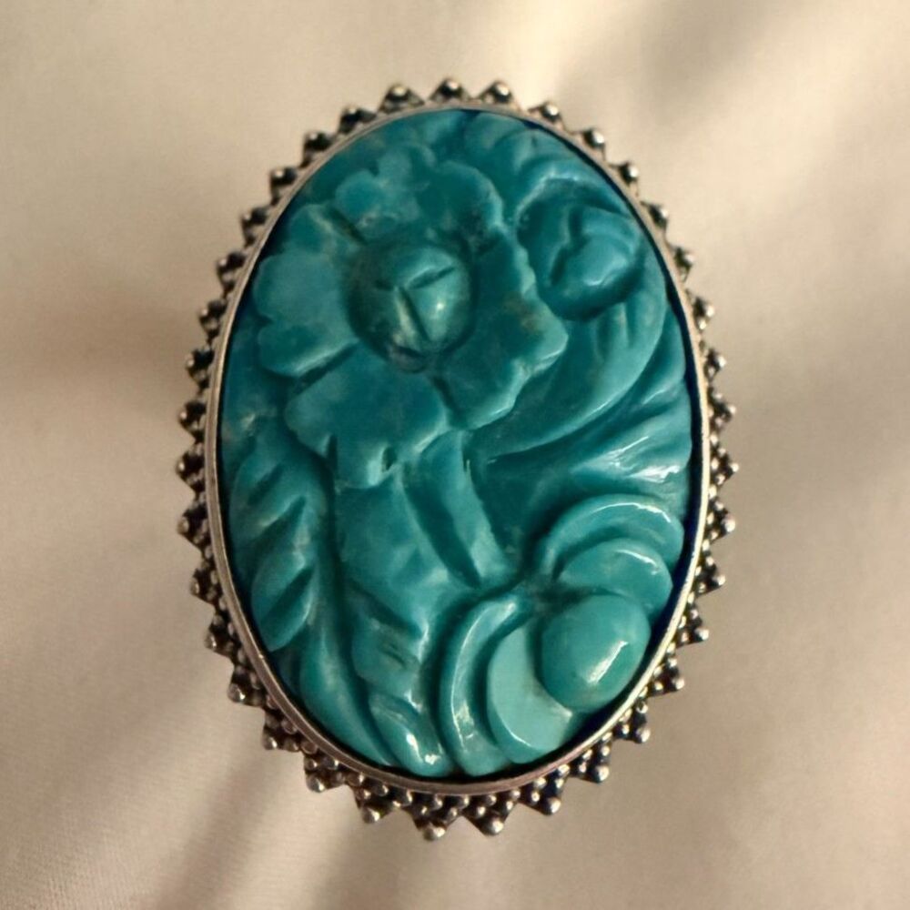 Amy Kahn Russell Hand Carved Turquoise Roses & Plum Blossom Ring
